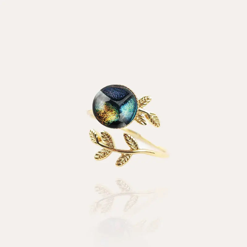 Bague feuille à l'or fin anneau doré, multicolore elumina