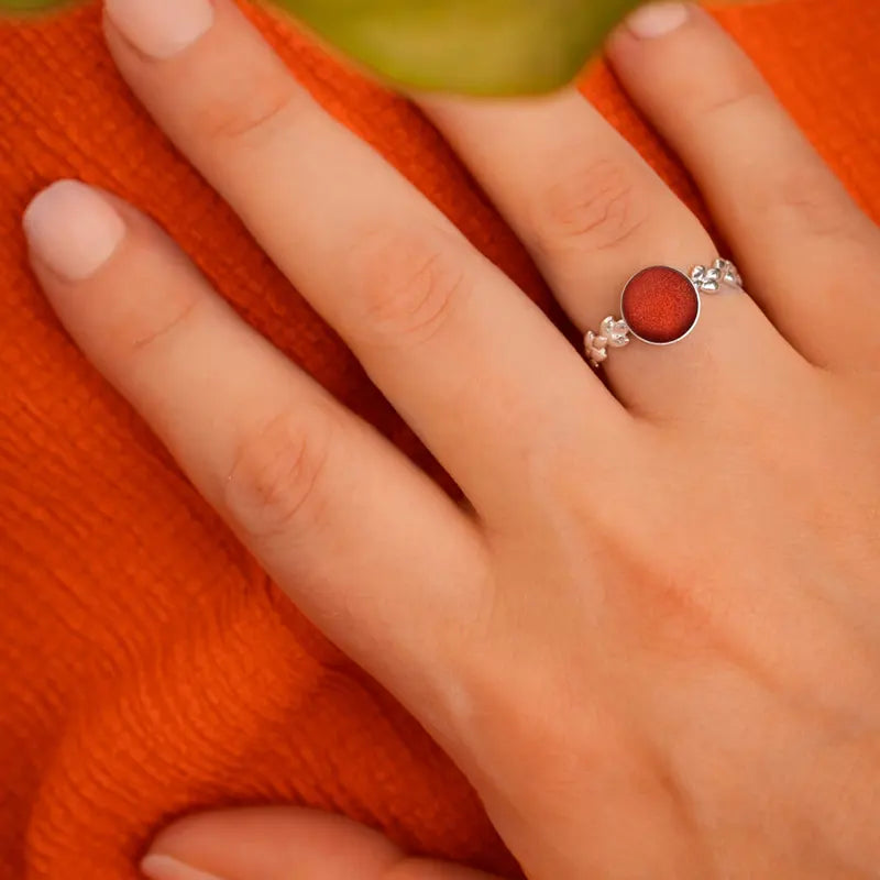 Bague feuille réglable argent massif rouge flambesia