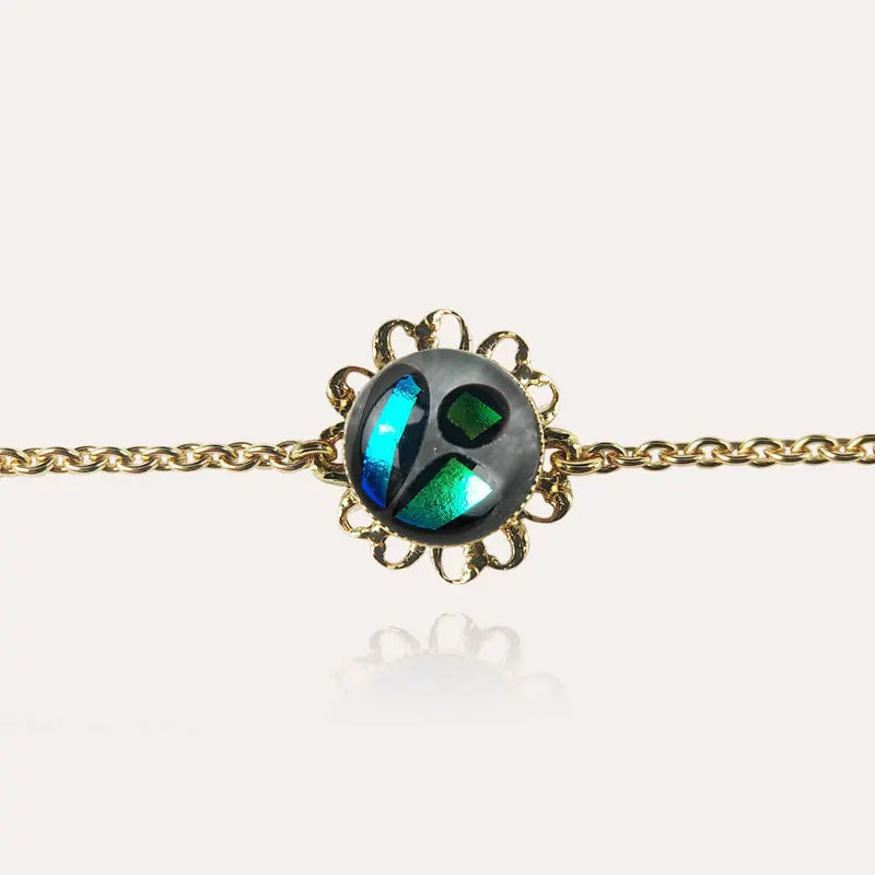 Bracelet fleur perle de verre bijou doré bleu voluca