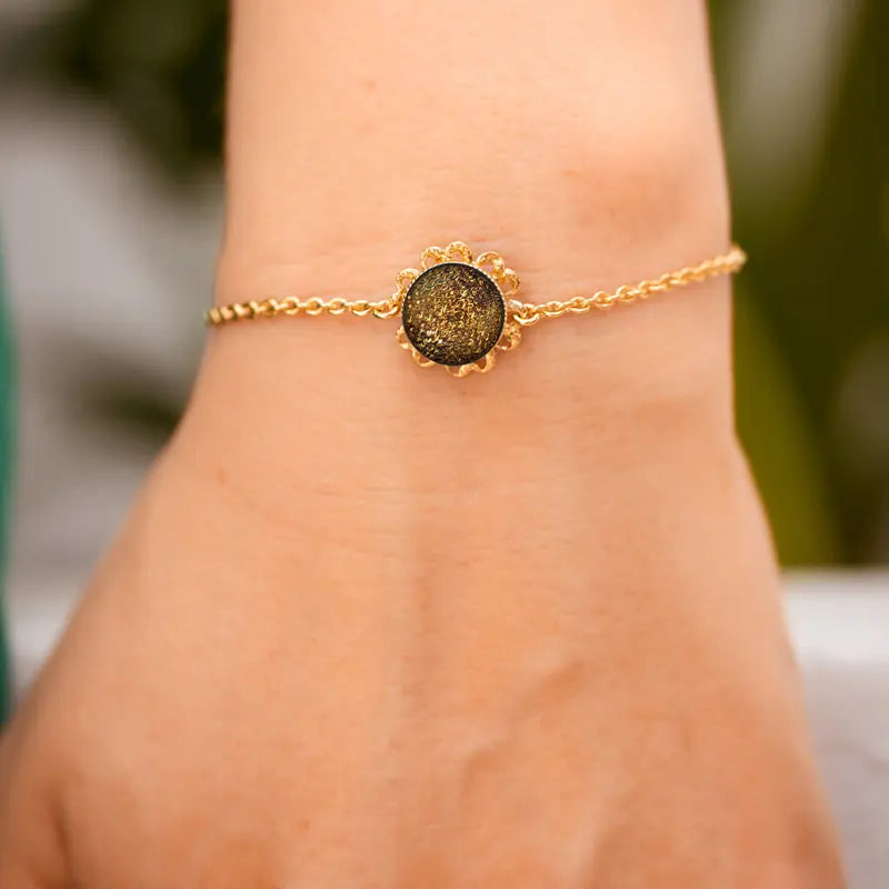 Bracelet fleur perle de verre fin femme plaqué or marron orange alara