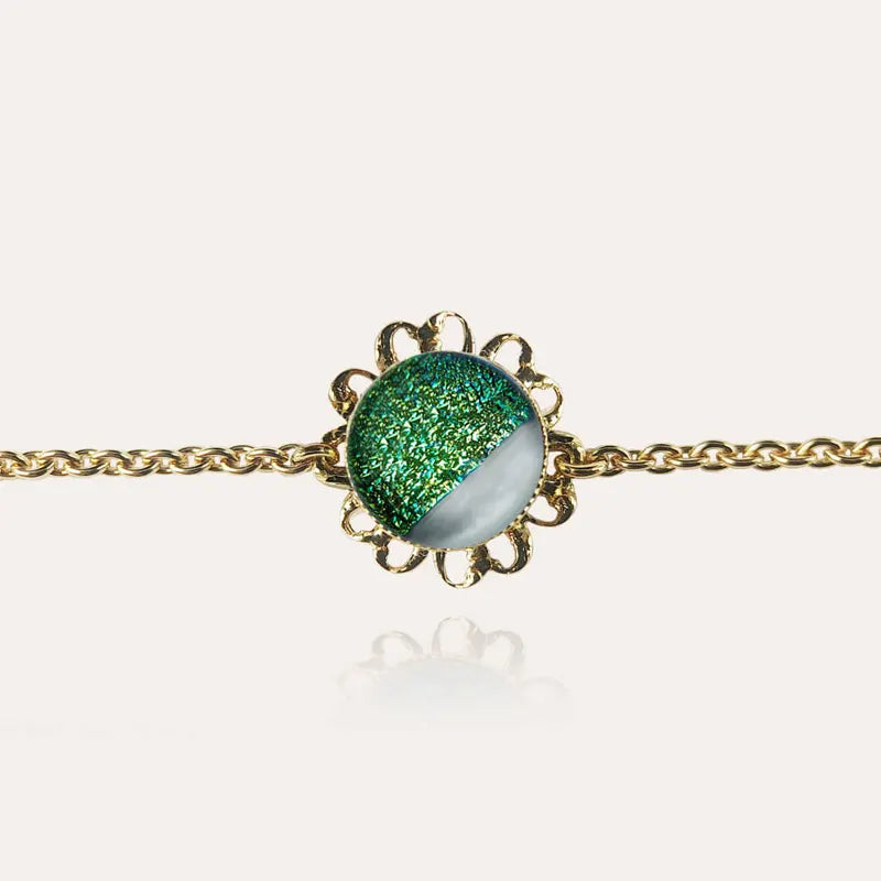 Bracelet fleur perle de verre large femme or vert orneige