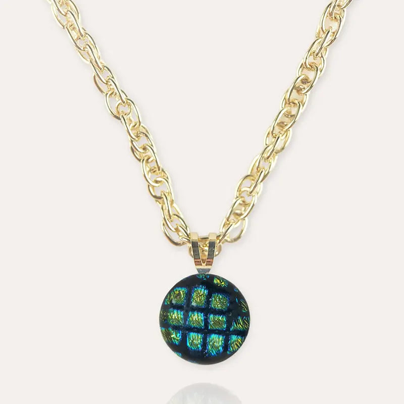 Collier ras de cou en perle de verre, bijoux de créateur doré et vert charmella