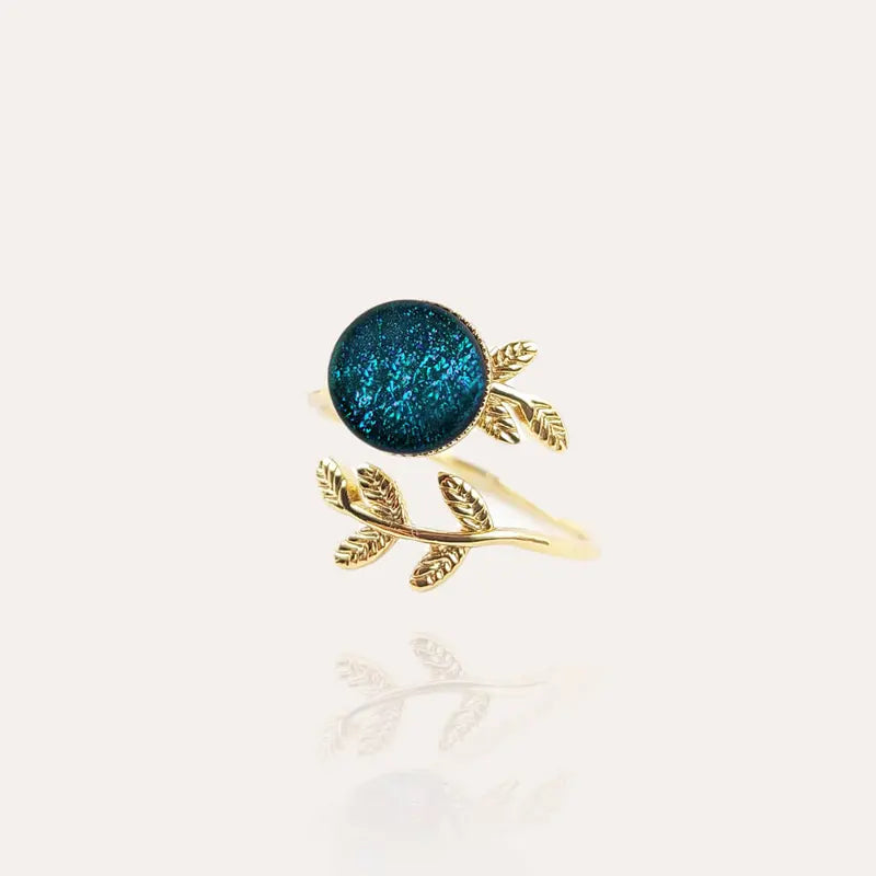 Bague feuille à l'or fin anneau pour femme, dorée et bleu laga