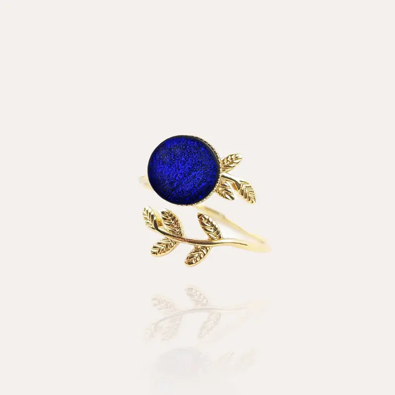 Bague feuille à l'or fin fine en or, bleu nocturnelle