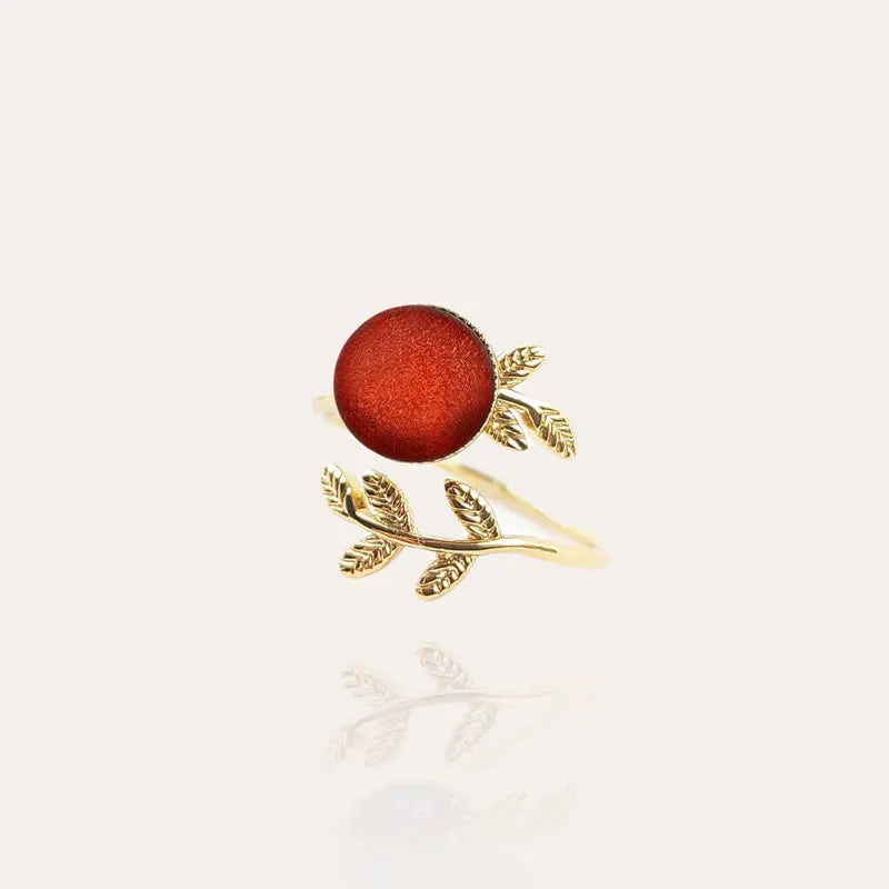 Bague feuille à l'or fin moderne pour femme, dorée et rouge flambesia