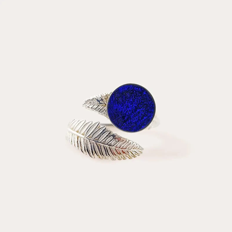 Bague feuille large pour femme en argent bleu nocturnelle
