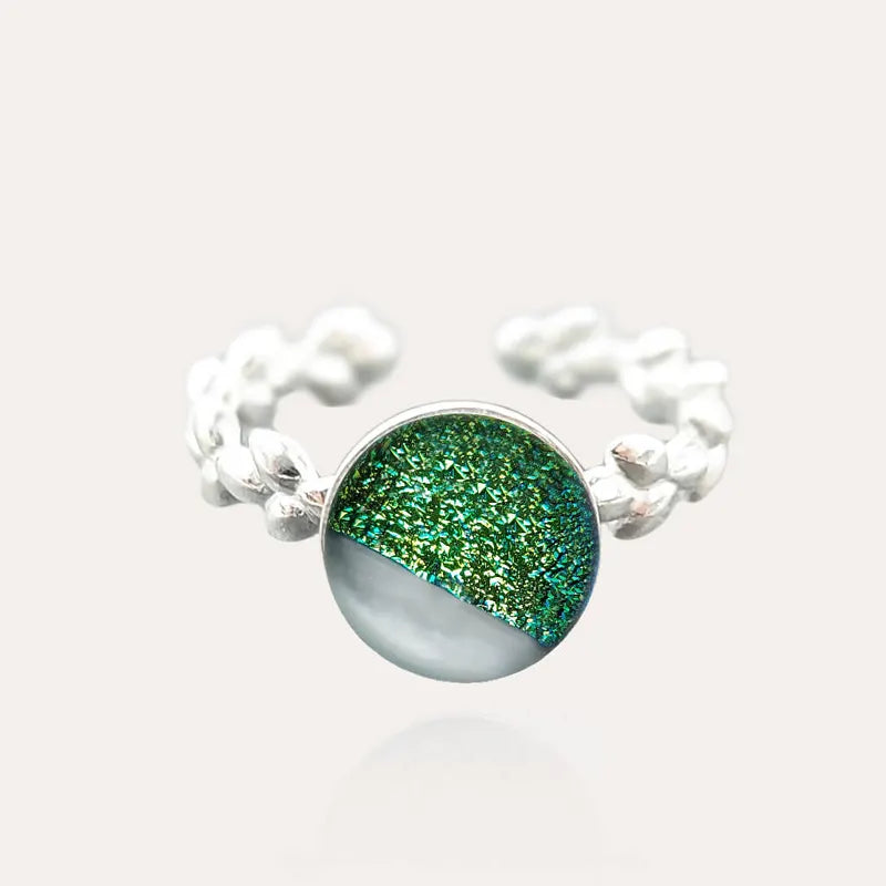 Bague feuille réglable massif argent verte orneige