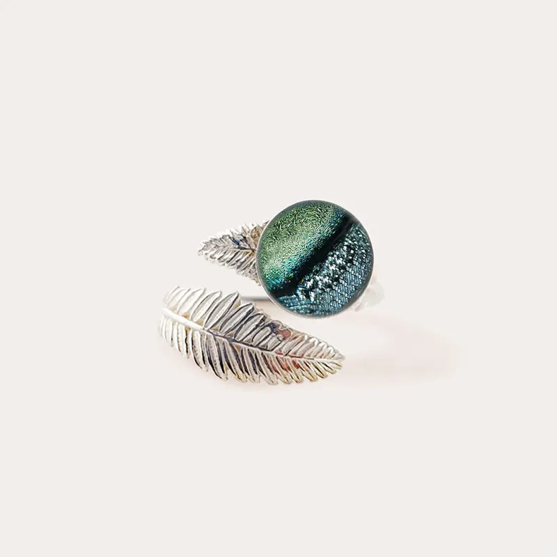 Bague feuille en verre soufflé et argent 925 verte oryna
