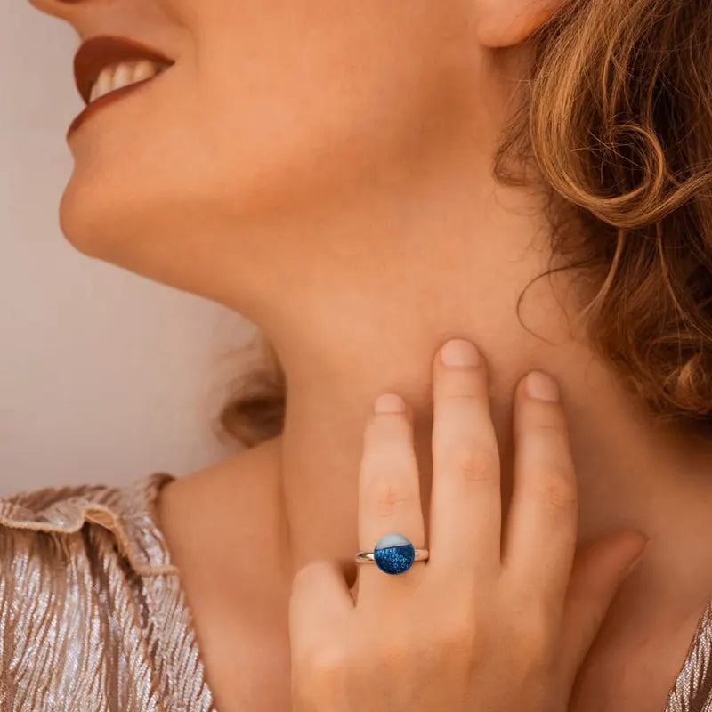 Bague réglable et verre pas chère en argent bleu bleuange