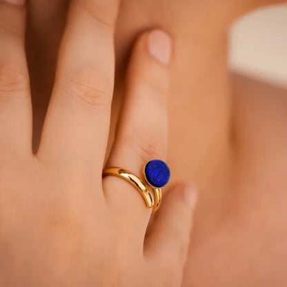 Bague simple réglable jonc, plaque or bleu nocturnelle