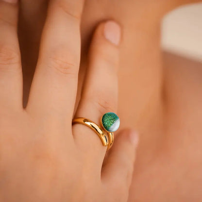 Bague simple réglable toi et moi, dorée verte orneige