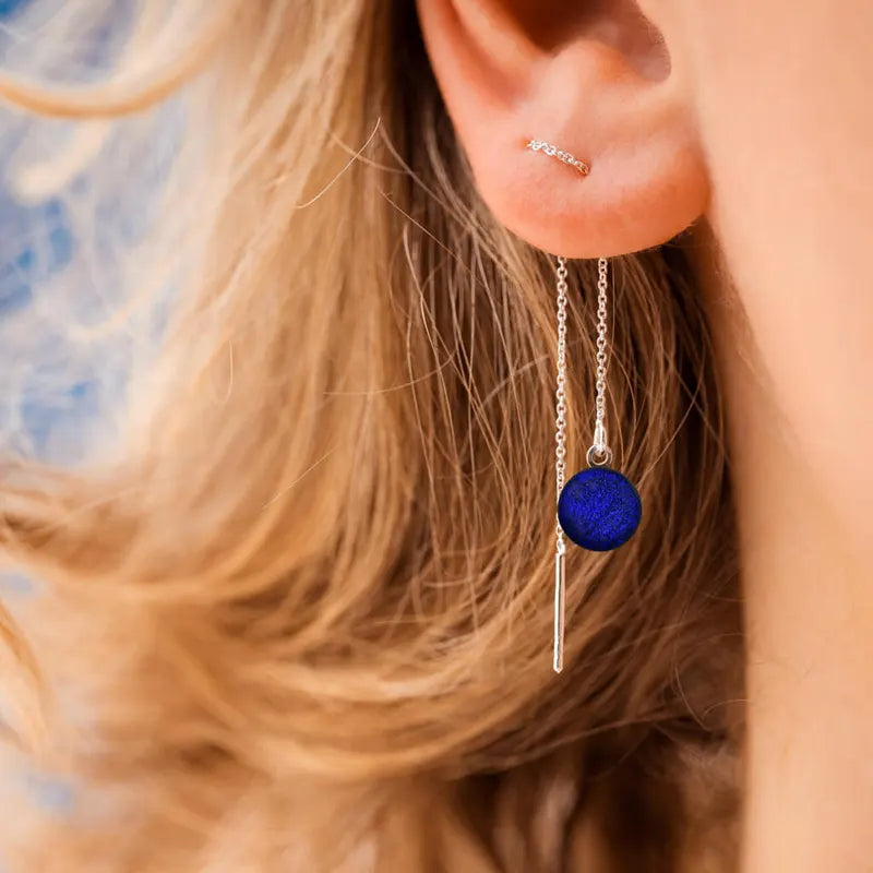 Boucles d'oreilles chainette idée pour 2 trous en argent massif bleu nocturnelle