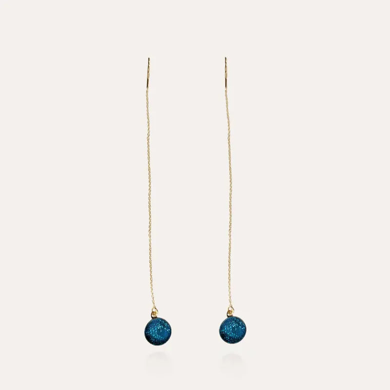Boucles d'oreilles chaînette pendantes or bleu azuline