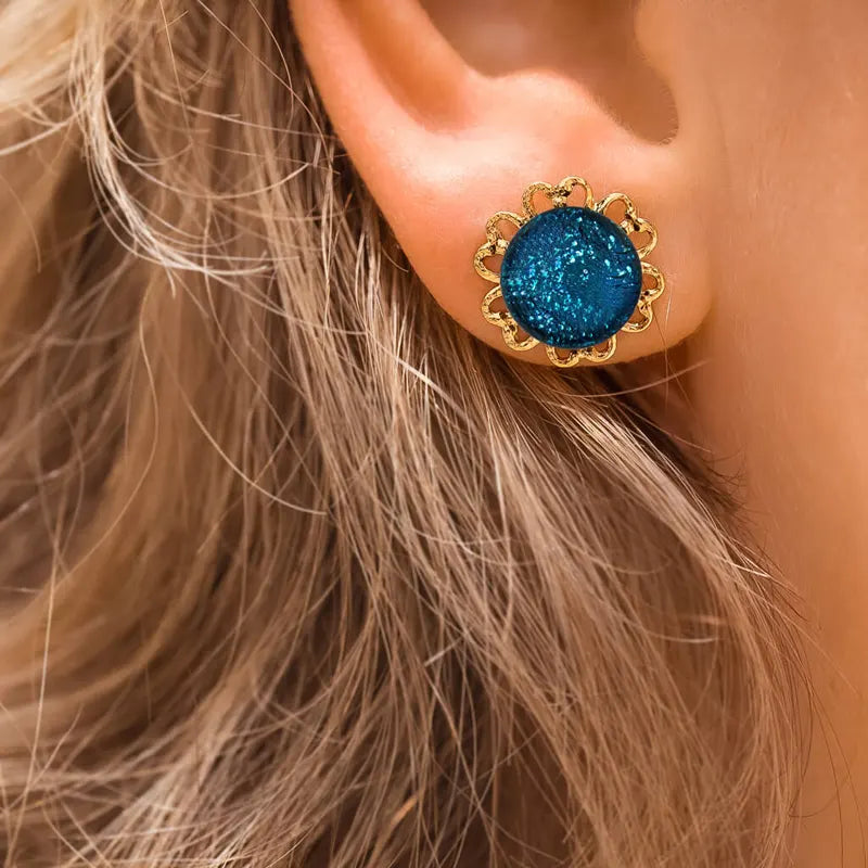 Boucles d'oreilles fleur anneau large pour femme en plaqué or bleu azuline