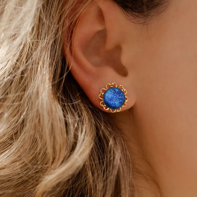 Boucles d'oreilles fleur bijoux verre de Murano dorées bleu lagonia
