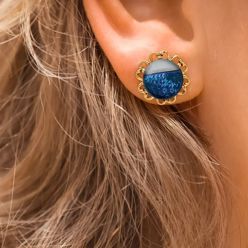 Boucles d'oreilles fleur colorée en plaqué or bleu bleuange