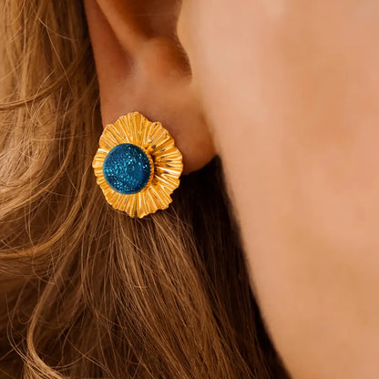 Boucles d'oreilles mariage bohème belles originales en or, bleu azuline