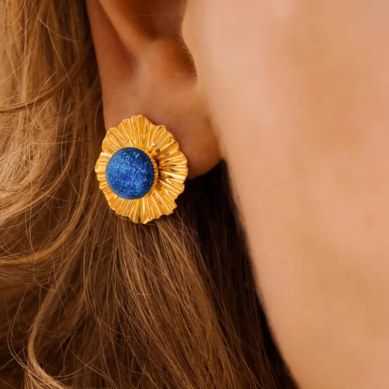 Boucles d'oreilles mariage bohème bijoux créateur dorées, bleu lagonia