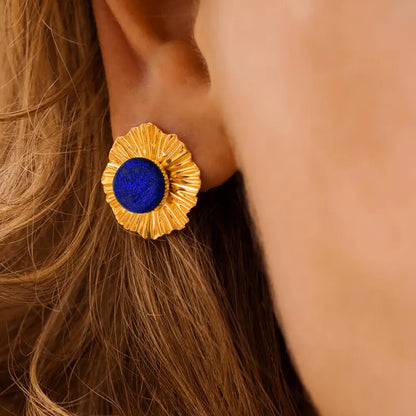Boucles d'oreilles mariage bohème clous originaux en plaque or, bleu nocturnelle