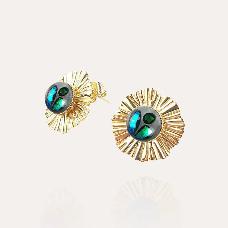 Boucles d'oreilles mariage bohème perle de Murano en or, bleu voluca