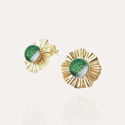 Boucles d'oreilles mariage bohème avec perles en verre dorées, vertes orneige