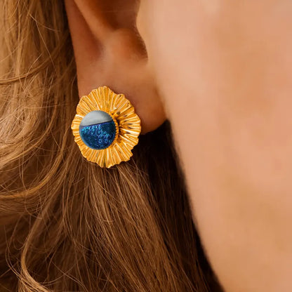 Boucles d'oreilles mariage bohème avec poussette en plaque or, bleu bleuange