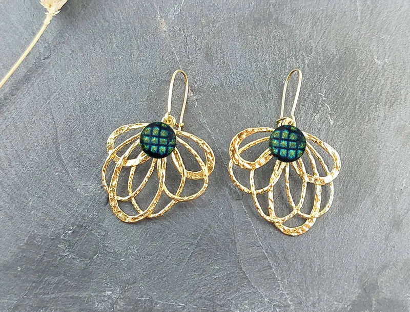 Boucles d'oreilles paon bijou fête des mères dorées, vertes charmella