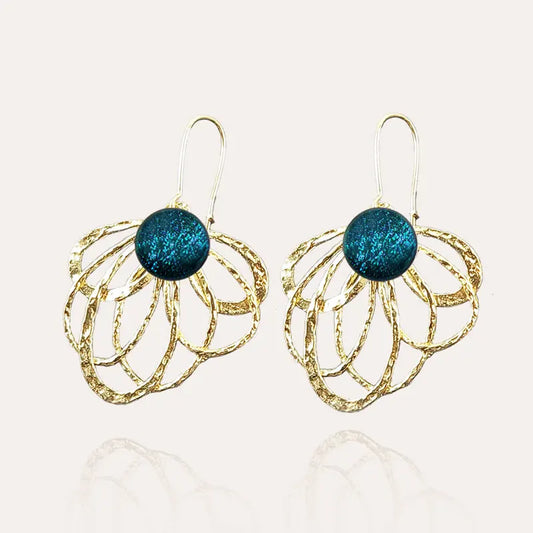 Boucles d'oreilles paon bijoux verre de Murano dorées bleu laga