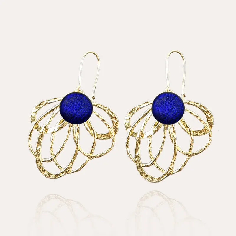 Boucles d'oreilles paon bijoux en verre de Murano, or bleu. nocturnelle
