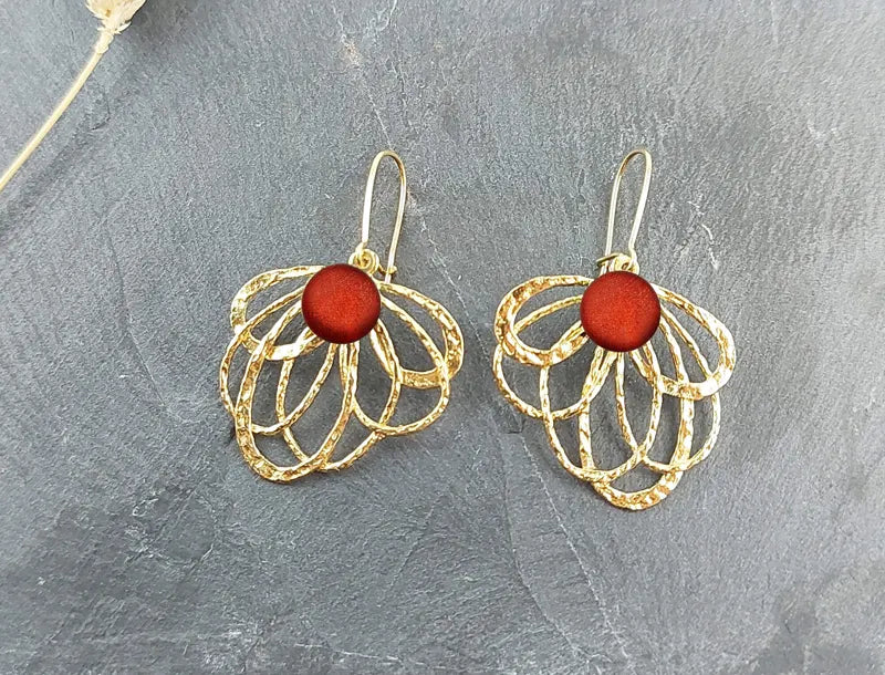 Boucles d'oreilles paon pendantes dorées, rouge flambesia