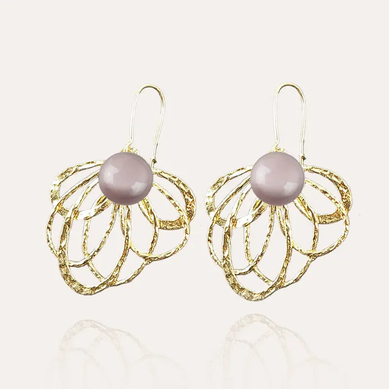 Boucles d'oreilles paon dormeuse en plaque or, rose roselite