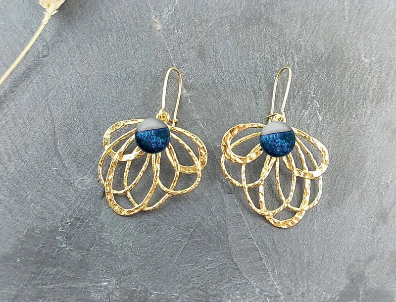 Boucles d'oreilles paon femme pendantes en or, bleu bleuange