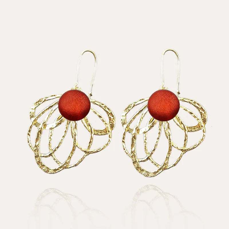 Boucles d'oreilles paon fines pendantes dorées, rouge flambesia