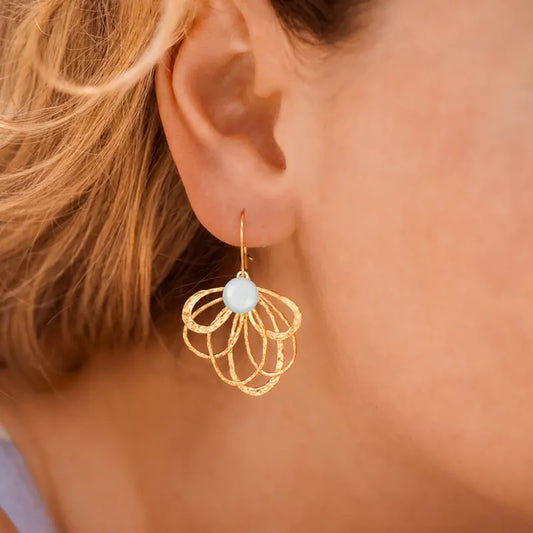 Boucles d'oreilles paon grosses pendantes originales dorées blanches lumine