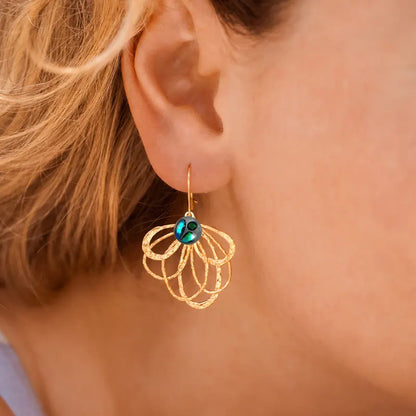 Boucles d'oreilles paon idée cadeau grand-mère 70 ans en plaque or, bleu voluca