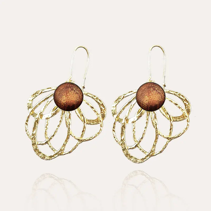 Boucles d'oreilles paon longues en or, marron et orange safrane