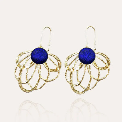 Boucles d'oreilles paon made in France dorées, bleu nocturnelle