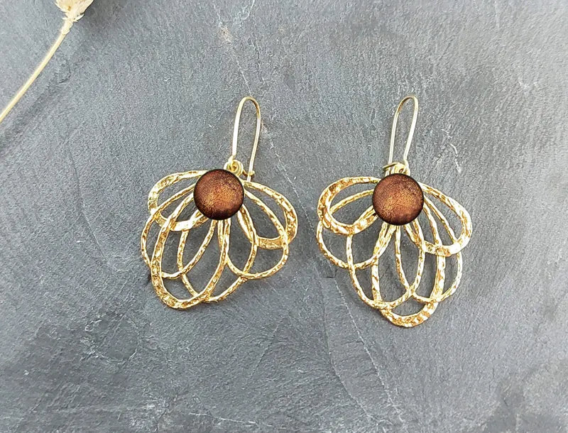 Boucles d'oreilles paon originales, marron et orange safrane