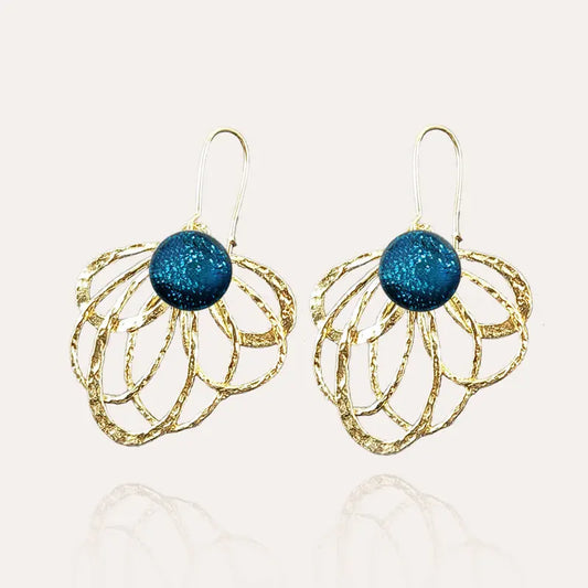 Boucles d'oreilles paon pendantes plaqué or, bleu. azuline
