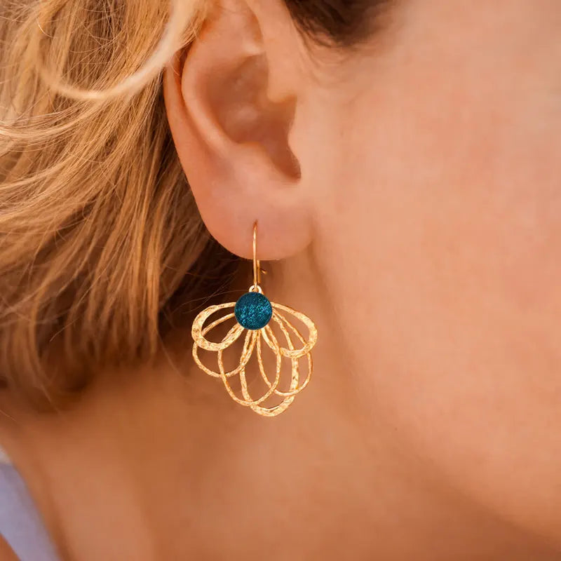 Boucles d'oreilles paon dormeuse, dorées bleu laga