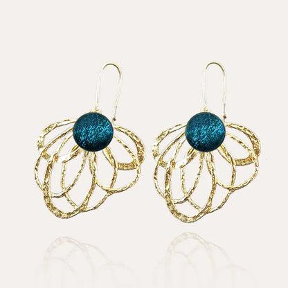 Boucles d'oreilles paon pendantes originales or bleu laga