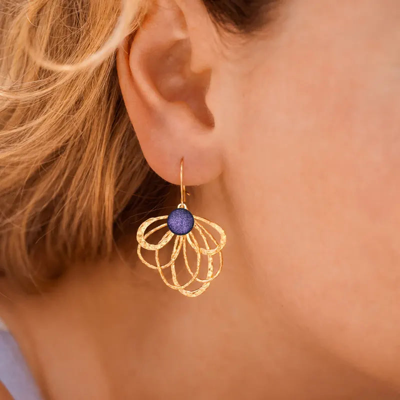 Boucles d'oreilles paon perle de verre Murano dorées, violettes lilalune