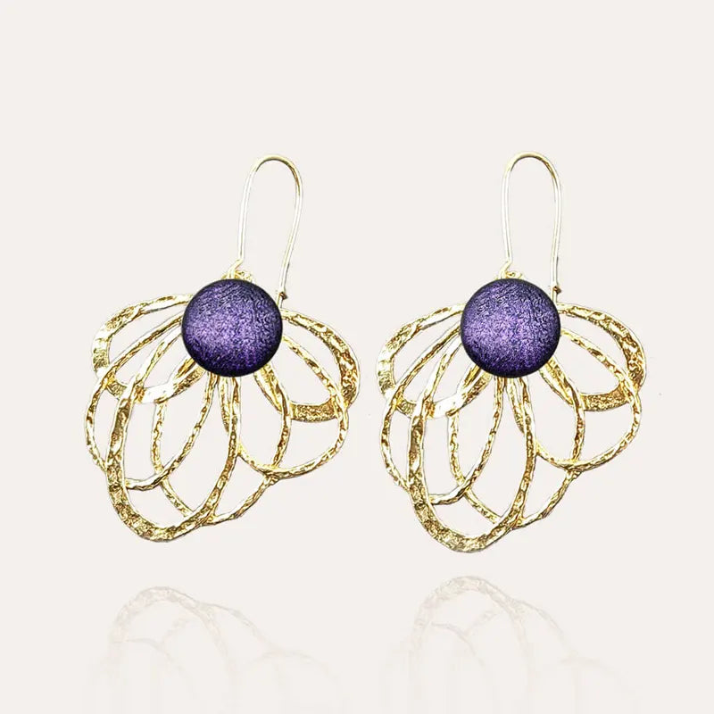 Boucles d'oreilles paon plume de en plaque or, violettes lilalune