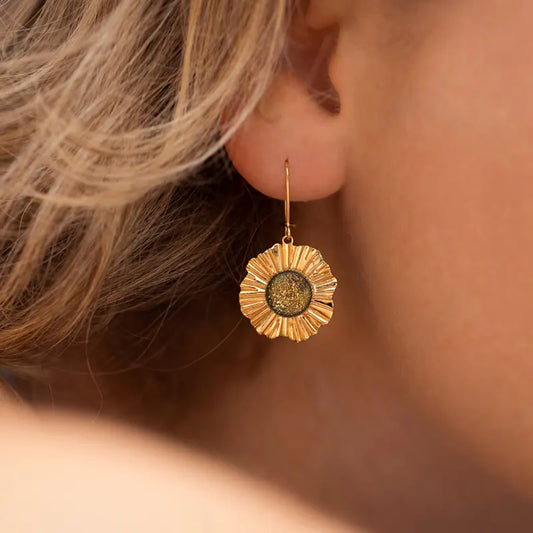 Boucles d'oreilles pendantes cratères bijoux verre de Murano plaqué or marron orange alara