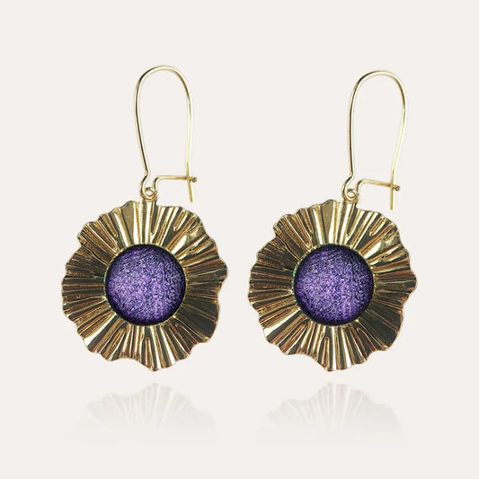 Boucles d'oreilles pendantes cratères pierre de Murano or violettes lilalune