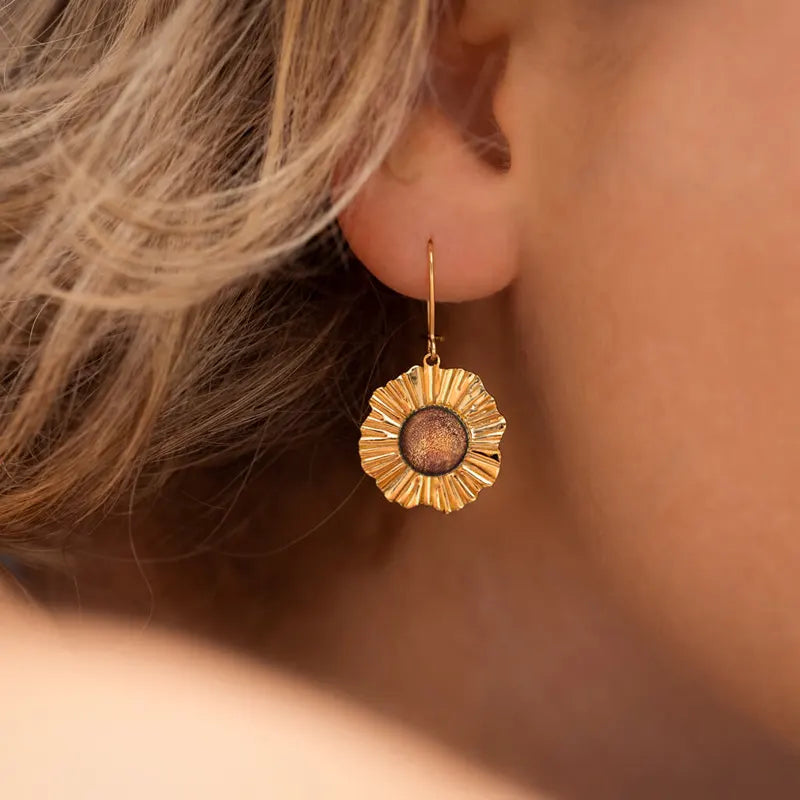 Boucles d'oreilles perle de verre et cratère boutique Murano dorées marron orange safrane