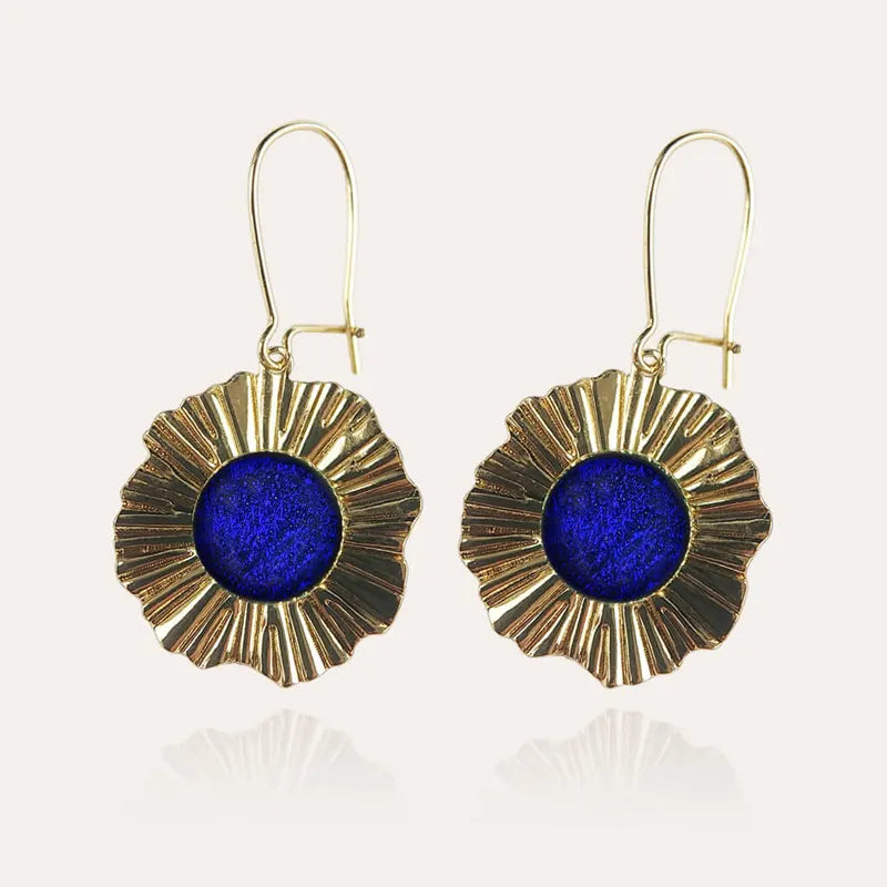 Boucles d'oreilles perle de verre et cratère doreilles pendantes dorées bleu nocturnelle