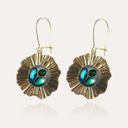 Boucles d'oreilles perle de verre et cratère femme pendantes dorées bleu voluca