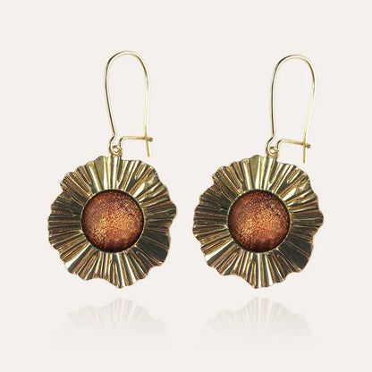 Boucles d'oreilles perle de verre et cratère pendantes or marron orange safrane