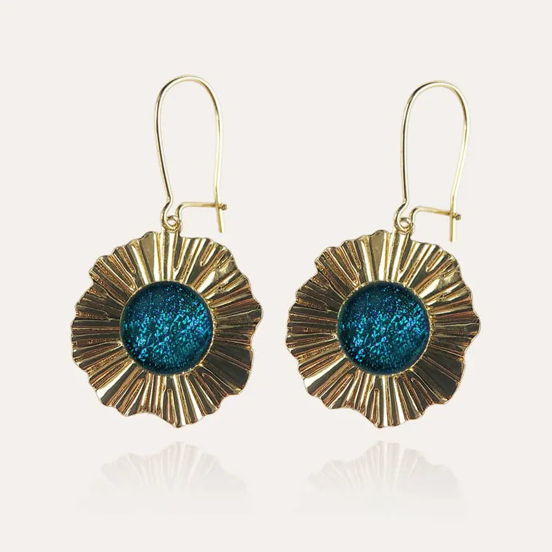 Boucles d'oreilles perle de verre et cratère pendantes dorées bleu laga